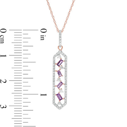 Baguette-Cut Amethyst and 0.17 CT. T.W. Natural Diamond Elongated Hexagon Pendant in 10K Rose Gold