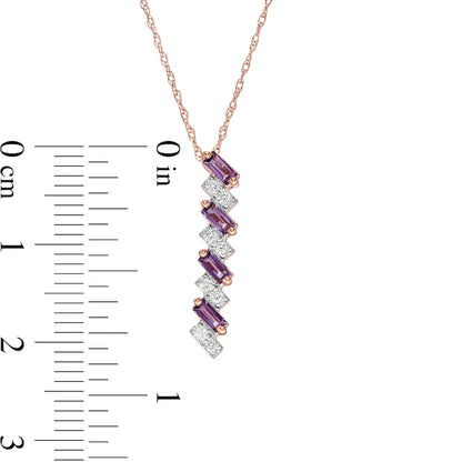 Baguette-Cut Amethyst and 0.1 CT. T.W. Natural Diamond Linear Zig-Zag Pendant in 10K Rose Gold