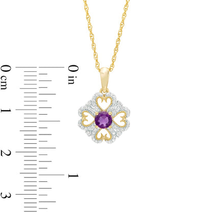 4.0mm Amethyst and 0.1 CT. T.W. Natural Diamond Antique Vintage-Style Heart-Shaped Four-Leaf Clover Pendant in 10K Yellow Gold
