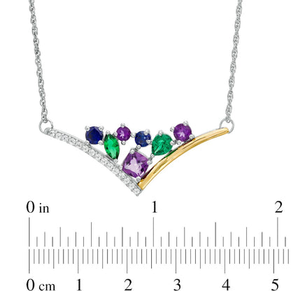 Multi-Gemstone and Lab-Created White Sapphire Triangle Cluster Chevron Necklace in Sterling Silver and 10K Yellow Gold