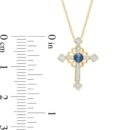 Blue Sapphire and 0.05 CT. T.W. Natural Diamond Ornate Cross Pendant in 10K Yellow Gold