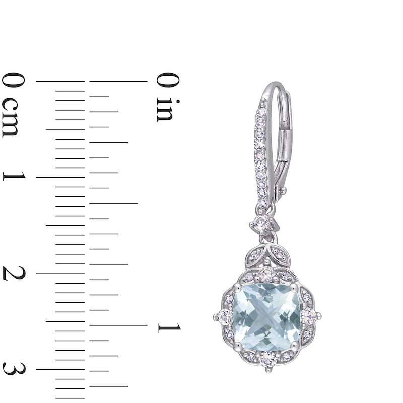 Cushion-Cut Aquamarine, White Sapphire and 0.17 CT. T.W. Diamond Floral Vintage-Style Drop Earrings in 14K White Gold