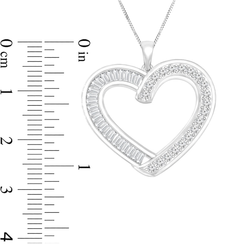 0.88 CT. T.W. Baguette and Round Natural Diamond Heart Outline Pendant in 10K White Gold