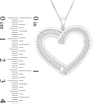 0.88 CT. T.W. Baguette and Round Natural Diamond Heart Outline Pendant in 10K White Gold