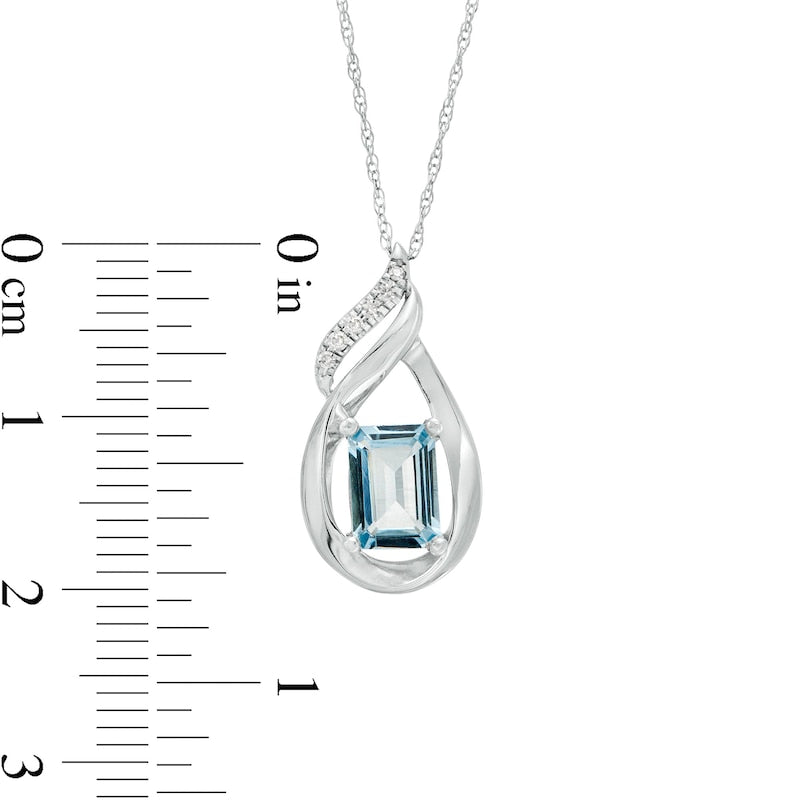 Emerald-Cut Aquamarine and Natural Diamond Accent Flame Pendant in 10K White Gold