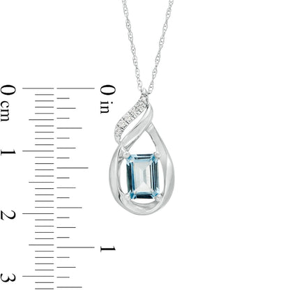 Emerald-Cut Aquamarine and Natural Diamond Accent Flame Pendant in 10K White Gold