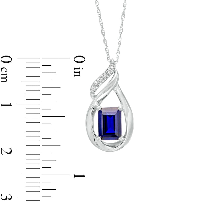 Emerald-Cut Lab-Created Blue Sapphire and Diamond Accent Flame Pendant in 10K White Gold