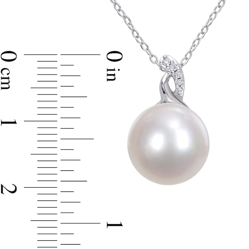 12.0-12.5mm Button Cultured Freshwater Pearl and Natural Diamond Accent Pendant in Sterling Silver