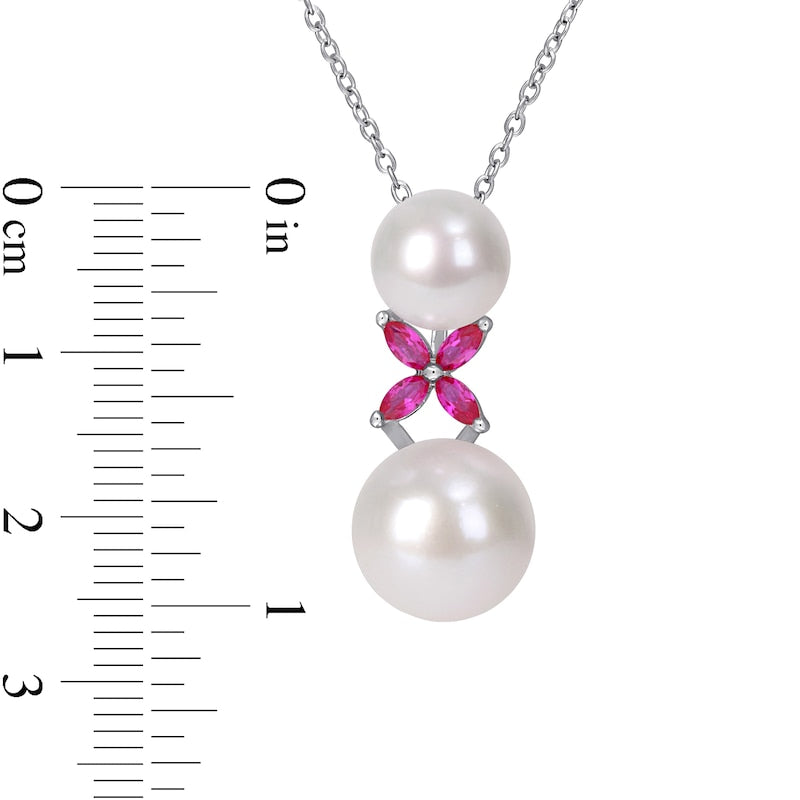 8.5-12.0mm Cultured Freshwater Pearl and Marquise Lab-Created Ruby "X" Drop Pendant in Sterling Silver