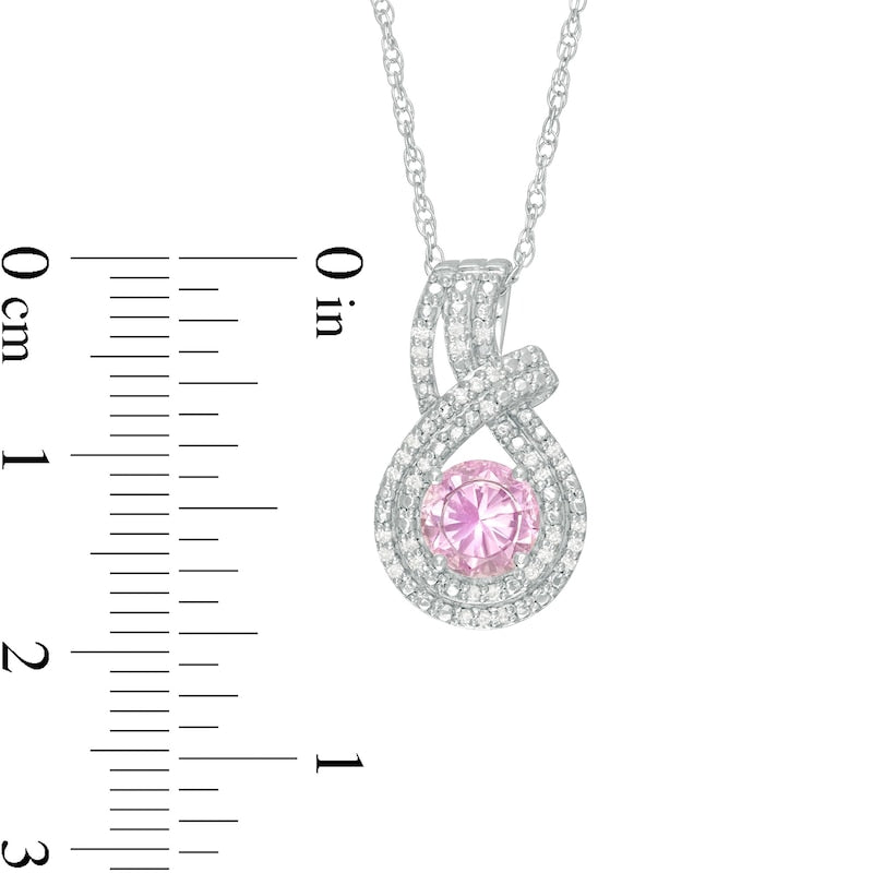 6.0mm Lab-Created Pink Sapphire and 0.1 CT. T.W. Diamond Double Row Teardrop Pendant in Sterling Silver