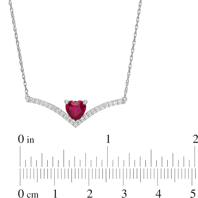 6.0mm Heart-Shaped Lab-Created Ruby and White Sapphire Chevron Necklace in Sterling Silver