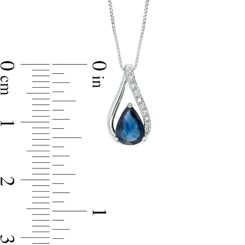 Pear-Shaped Blue Sapphire and 0.05 CT. T.W. Natural Diamond Teardrop Pendant in 10K White Gold