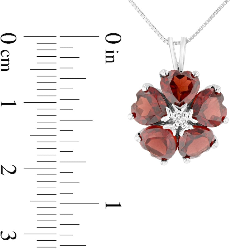6.0mm Heart-Shaped Garnet and Natural Diamond Accent Flower Pendant in 14K White Gold