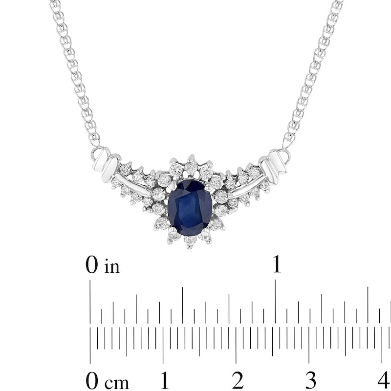 Oval Blue Sapphire and 0.5 CT. T.W. Natural Diamond Starburst Frame Necklace in 14K White Gold - 17"