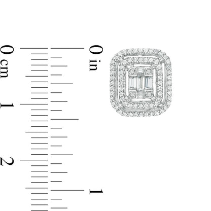 0.5 CT. T.W. Baguette and Round Diamond Double Cushion Frame Stud Earrings in 10K White Gold