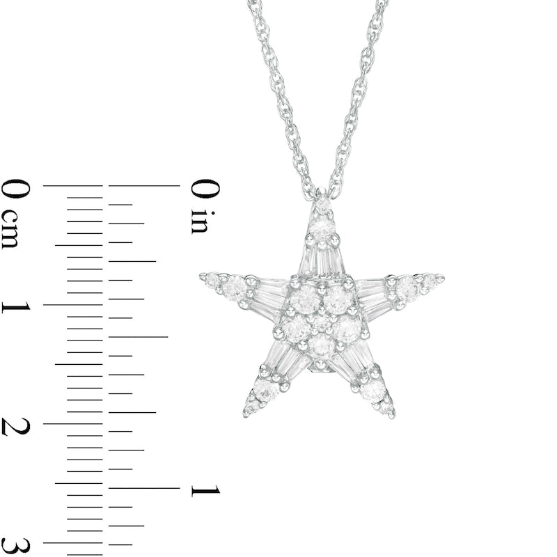 1 CT. T.W. Baguette and Round Natural Diamond Star Pendant in 10K White Gold