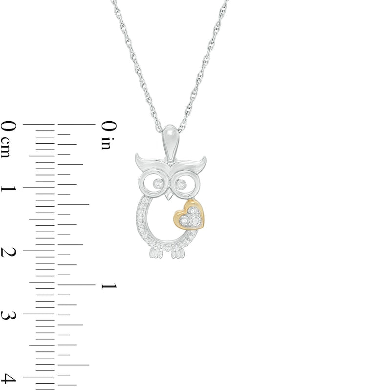 0.07 CT. T.W. Natural Diamond Outline Owl with Heart Pendant in Sterling Silver and 10K Yellow Gold