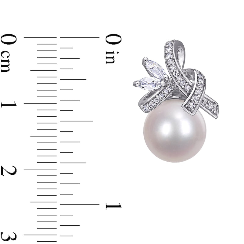 Cultured Freshwater Pearl, Marquise White Topaz and 0.17 CT. T.W. Diamond Tied Ribbon Drop Earrings in 10K White Gold