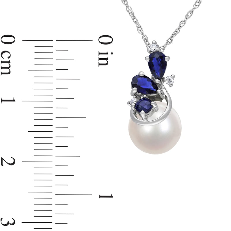8.5-9.0mm Cultured Freshwater Pearl, Blue Sapphire and Natural Diamond Accent Pendant in 10K White Gold - 17"