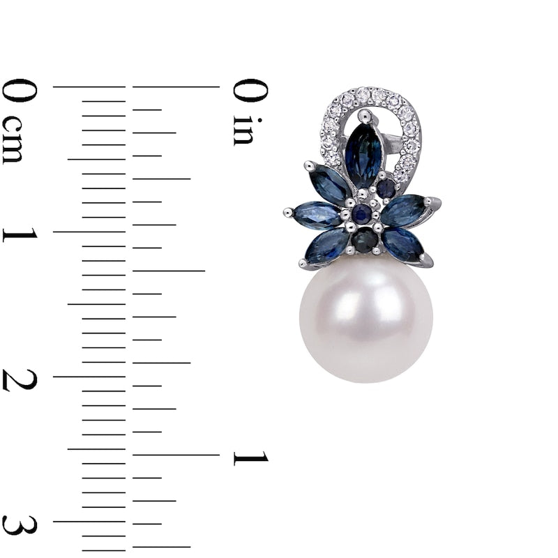 9.0-9.5mm Cultured Freshwater Pearl, Blue Sapphire and 0.13 CT. T.W. Diamond Flower Drop Earrings in 14K White Gold