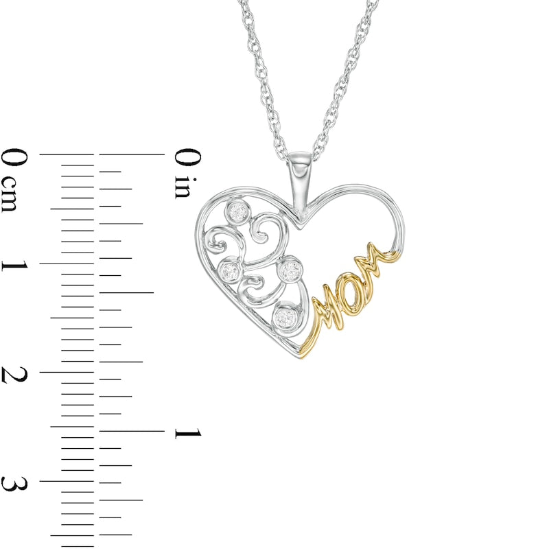 0.05 CT. T.W. Natural Diamond Filigree Heart "MOM" Pendant in Sterling Silver and 10K Yellow Gold