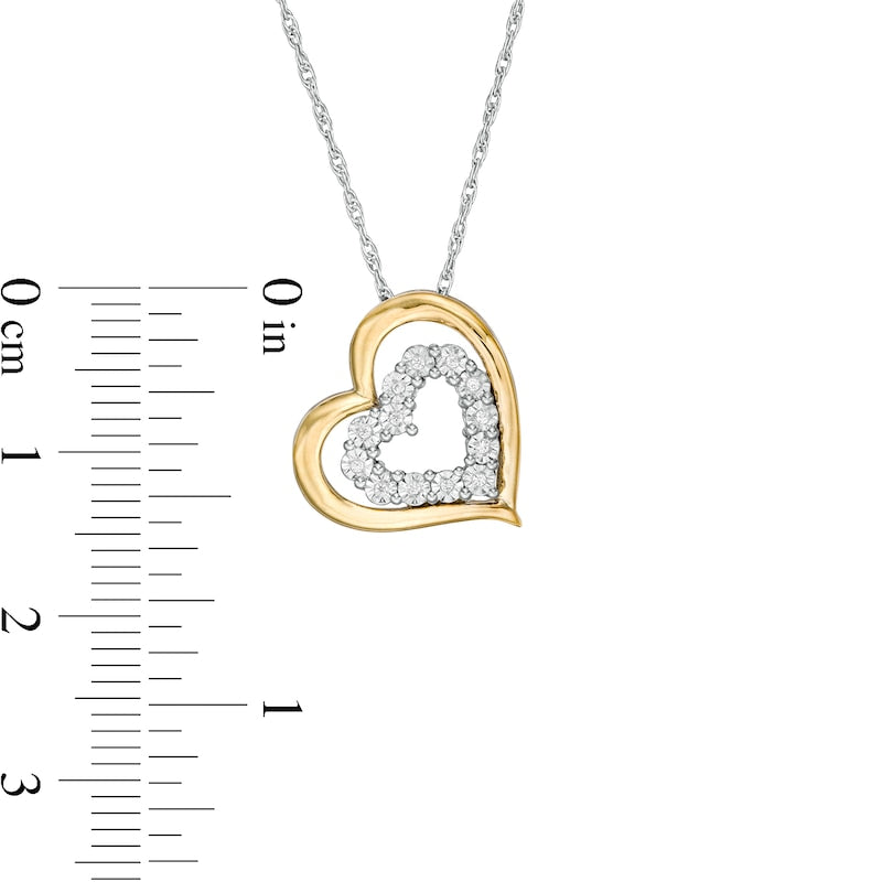 Natural Diamond Accent Tilted Double Heart Pendant in Sterling Silver and 10K Yellow Gold