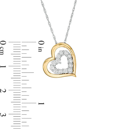 Natural Diamond Accent Tilted Double Heart Pendant in Sterling Silver and 10K Yellow Gold