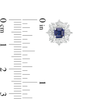 4.0mm Princess-Cut Lab-Created Blue and White Sapphire Ornate Frame Stud Earrings in 10K White Gold