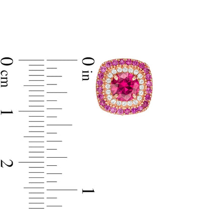 5.5mm Lab-Created Ruby and White Sapphire Double Cushion Frame Stud Earrings in 10K Rose Gold
