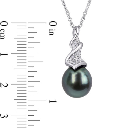 9.0-9.5mm Baroque Black Cultured Tahitian Pearl and 0.1 CT. T.W. Natural Diamond Swirl Pendant in Sterling Silver