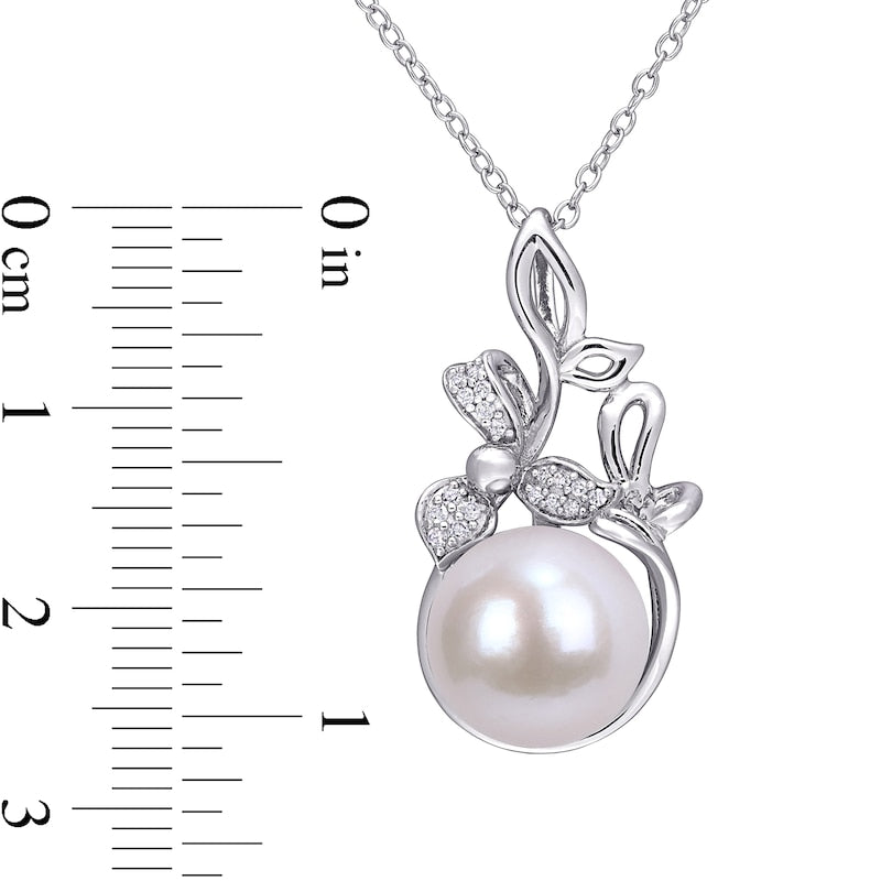 11.0-12.0mm Cultured Freshwater Pearl and 0.07 CT. T.W. Natural Diamond Flower Pendant in Sterling Silver
