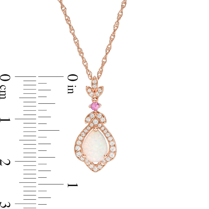 Pear-Shaped Lab-Created Opal, Pink and White Sapphire Lotus Drop Pendant in Sterling Silver with 14K Rose Gold Plate