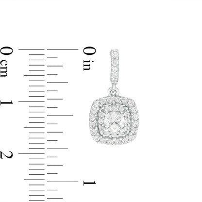 1-1.1 CT. T.W. Diamond Double Cushion Frame Drop Earrings in 14K White Gold