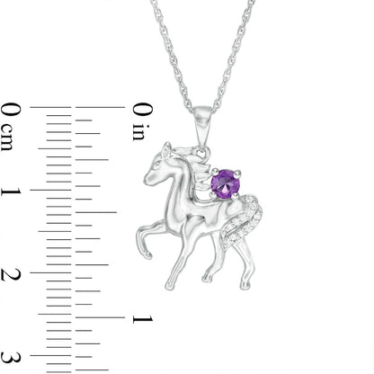 Amethyst and Natural Diamond Accent Prancing Horse Pendant in Sterling Silver