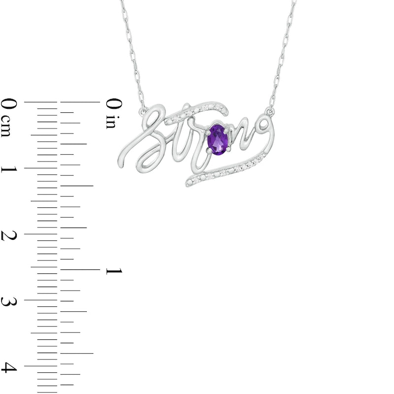 Oval Amethyst and Natural Diamond Accent "Strong" Script Necklace in Sterling Silver