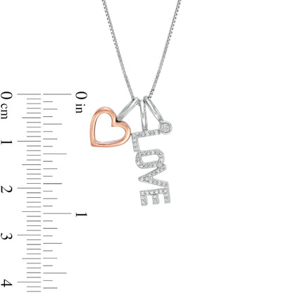 0.05 CT. T.W. Natural Diamond Outline Heart, "LOVE" and Circle Charm Pendant in Sterling Silver and 10K Rose Gold
