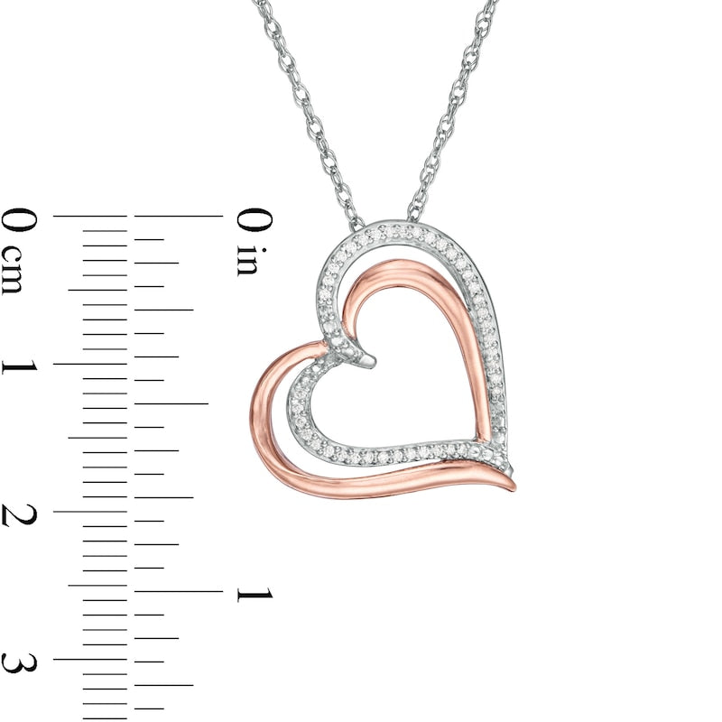 0.13 CT. T.W. Natural Diamond Double Tilted Heart Pendant in Sterling Silver and 10K Rose Gold