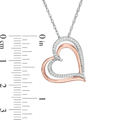 0.13 CT. T.W. Natural Diamond Double Tilted Heart Pendant in Sterling Silver and 10K Rose Gold
