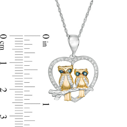 0.13 CT. T.W. Enhanced Blue and White Natural Diamond Double Owl and Heart Pendant in Sterling Silver and 14K Gold Plate