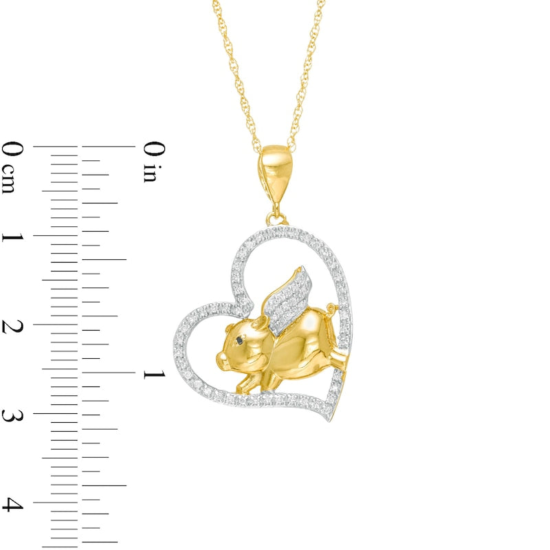 0.17 CT. T.W. Enhanced Black and White Natural Diamond Pig with Wings Heart Pendant in Sterling Silver with 14K Gold Plate