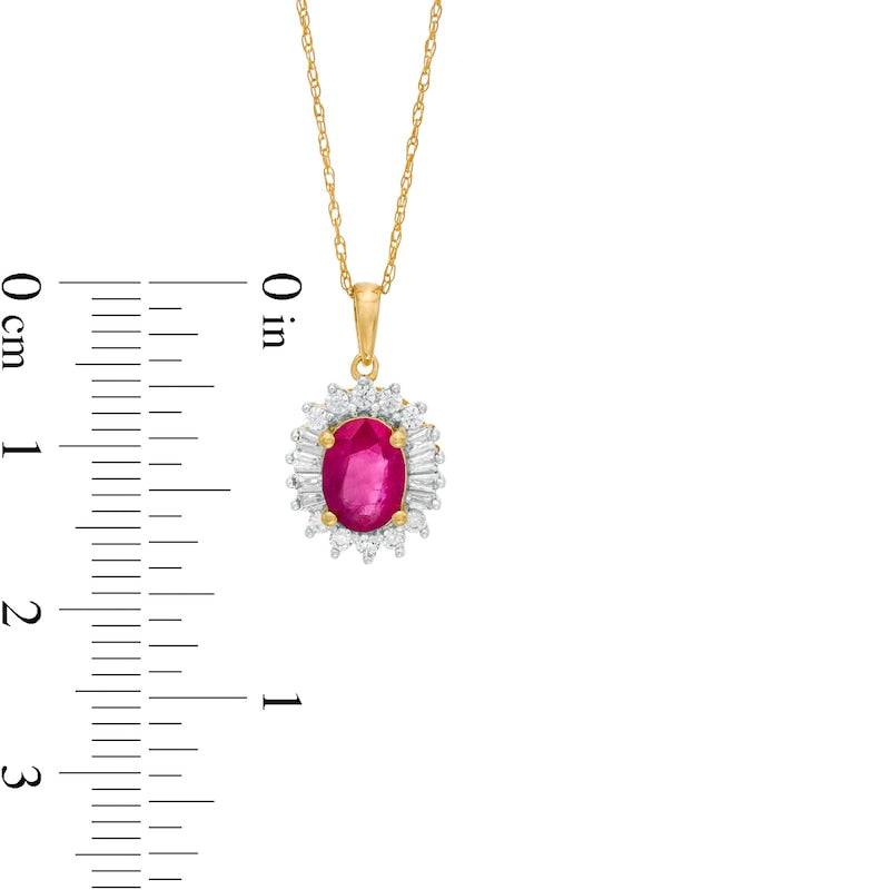 Oval Ruby and 0.2 CT. T.W. Baguette and Round Natural Diamond Starburst Frame Pendant in 10K Yellow Gold