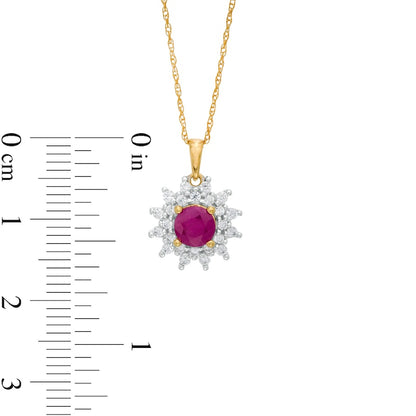5.0mm Ruby and 0.25 CT. T.W. Natural Diamond Sunburst Frame Pendant in 10K Yellow Gold