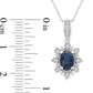 Oval Blue Sapphire and 0.07 CT. T.W. Natural Diamond Sunburst Frame Antique Vintage-Style Drop Pendant in 10K White Gold
