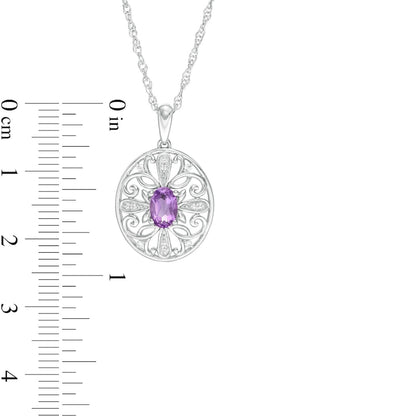 Amethyst and 0.05 CT. T.W. Natural Diamond Filigree Cross Oval Pendant in Sterling Silver