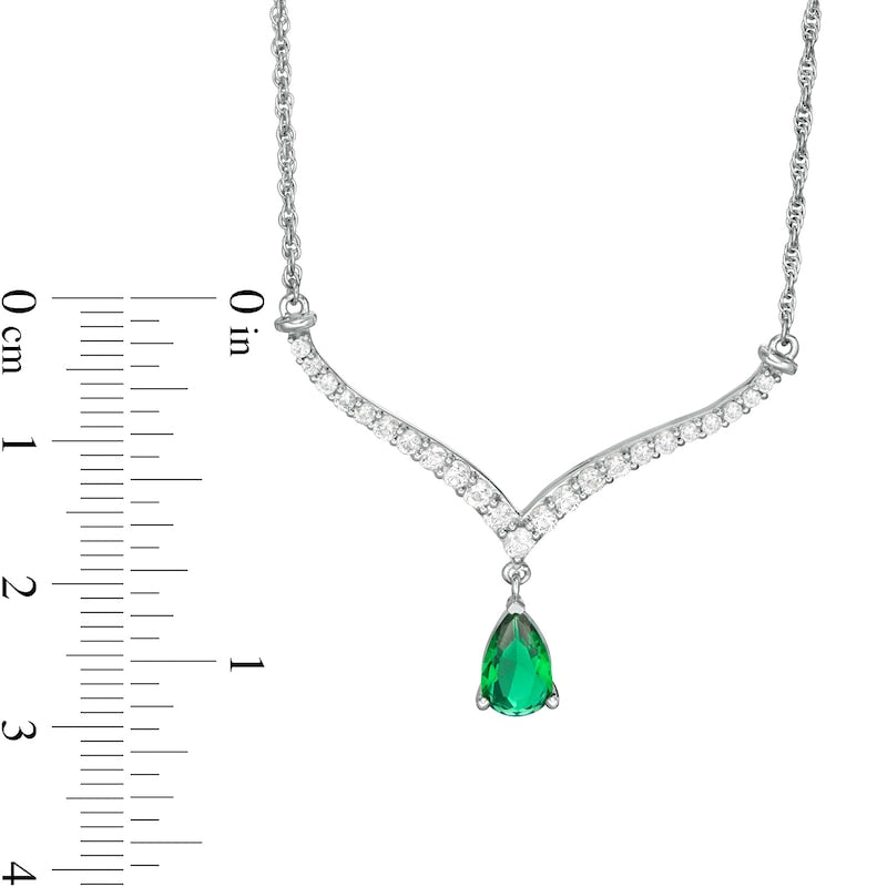 Pear-Shaped Lab-Created Emerald and White Sapphire Chevron Necklace in Sterling Silver