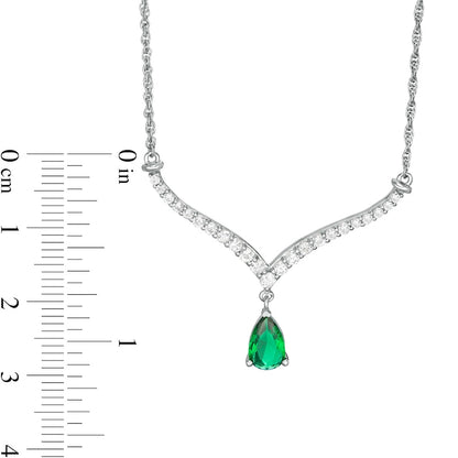 Pear-Shaped Lab-Created Emerald and White Sapphire Chevron Necklace in Sterling Silver