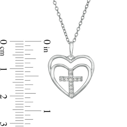 0.1 CT. T.W. Natural Diamond Cross in Double Hearts Pendant in Sterling Silver