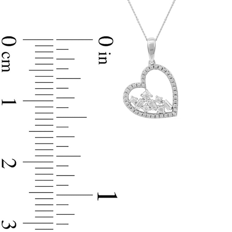0.33 CT. T.W. Baguette and Round Natural Diamond Scatter Tilted Heart Pendant in 10K White Gold