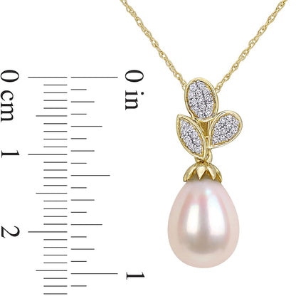 9.0-9.5mm Baroque Cultured Freshwater Pearl and 0.1 CT. T.W. Natural Diamond Leaf Drop Pendant in 10K Yellow Gold - 17"