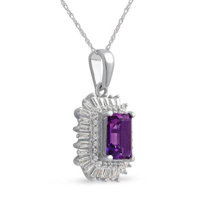 Emerald-Cut Amethyst and 0.25 CT. T.W. Baguette and Round Natural Diamond Double Frame Pendant in 10K White Gold
